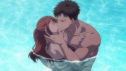 abs animated biceps big_muscles clothed female fire_in_his_fingertips fujihashi_ryou kissing male mizuno_souma muscular_male pool romantic straight water