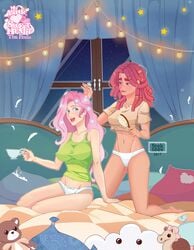 equestria_girls feekteev fluttershy_(eg) friendship_is_magic hairbrush legend_of_everfree multiple_females my_little_pony panties straight_hair t-shirt tree_hugger_(mlp) white_panties