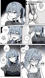 1boy ? ai_generated alternate_costume blue_eyes blue_hair blush breasts collarbone comic crossdressing cum earrings ejaculation english_text erection female femdom genderswap_(ftm) greyscale hair_between_eyes hair_ribbon heart heart-shaped_pupils hoshimachi_suisei jewelry long_hair looking_at_penis monochrome mykibuu open_mouth otoko_no_ko penis ribbon see-through sex_toy side_ponytail smile sound_effects speech_bubble spot_color star_(symbol) star_in_eye straight symbol-shaped_pupils symbol_in_eye testicles trembling virtual_youtuber