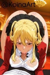:>= ai_generated ass ass_focus ass_view blonde_hair blowjob brown_eyes embarrassed female highres huge_ass huge_breasts irrumatio kakegurui kneeling koinaart long_hair paizuri patreon perky_breasts pink_lips pink_lipstick pov saotome_meari see-through see-through_clothing short_skirt skirt smug stable_diffusion thick_thighs twintails two_side_up