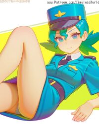 2025 ai_assisted ai_generated at back belt between black blonde_hair blue blush breast breasts brown closed collared colored eyelashes eyes female green hair hat headwear high_quality high_res high_resolution highres jacket knee looking lying medium mouth necktie nintendo officer_jenny_(pokemon) on panties pantyshot patreon pocket pokemon pokemon_(anime) sensitive shirt short skin skirt sleeves smile solo stable_diffusion thighs timelessworld twintails underwear uniform up viewer watermark white yellow