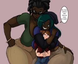 1boy 2girls dark-skinned_female femdom goku_(gokusenpai) gokusenpai imminent_smothering jade_(gokusenpai) size_difference wanda_(gokusenpai)