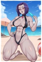 2d abs areolae athletic beach beachball big_breasts big_thighs breasts cheekie0 dc dc_comics feet female female_only grey_skin huge_thighs justice_league legs light_skin looking_at_viewer massive_thighs muscular outline popsicle purple_eyes purple_hair pussy_visible_through_clothes raven_(dc) solo swimsuit teen_titans thick_thighs thighs third-party_edit