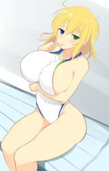 1girls big_breasts blonde_hair female female_only heterochromia noeomi ryouna_(senran_kagura) senran_kagura senran_kagura_estival_versus short_hair solo swimsuit tagme