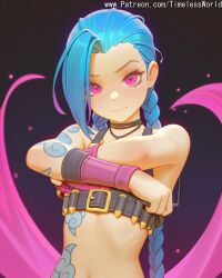 (league 2025 ai_assisted ai_generated arcane arm at background bangs bare belt black blonde_hair blue blush body braid braids brown closed colored english eyes female hair high_quality high_res high_resolution highres jinx jinx_(arcane) jinx_(league_of_legends) league_of_legends legends) long looking mouth navel of patreon purple sensitive shiny shoulders skin solo stable_diffusion stomach tattoo text timelessworld twin upper viewer watermark
