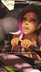 2girls 3d 3d_(artwork) ass blizzard_entertainment caption car_interior driving female female_focus female_masturbation female_only gooning masturbation overwatch_2 snapchat sombra whore widowmaker zmsfm