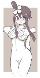 bangs blush breast_grab breasts cowboy_shot cropped_legs disembodied_limb female grabbing grabbing_from_behind grabbing_own_breast groping hair_between_eyes hair_flower hair_ornament large_breasts long_hair looking_at_viewer monochrome navel nipples nude open_mouth pubic_hair sidelocks skyla_(pokemon) smile solo solo_focus standing sweat