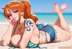 ai_generated ass balecxi barefoot beach bikini brown_eyes condom condom_wrapper day denim denim_shorts feet female large_breasts long_hair looking_at_viewer lying mouth_hold nami_(one_piece) on_stomach one_piece orange_hair outdoors patreon_username ponytail shorts shoulder_tattoo smile soles solo swimsuit the_pose toes
