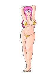 1girls artist_upload big_breasts bikini breasts female female_only full_body glasses gold_bikini golden_bikini green_eyes hands_behind_head huge_boobs huge_breasts large_breasts legs long_hair oc original original_character pink_hair polina_(polisilver) pose posing self_upload sensual sexy sexy_pose simple_background standing swimsuit thighs twitter