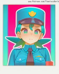 2025 ai_assisted ai_generated at bangs black blonde_hair blue blush body breast breasts closed collared colored english eyes female green hair hat high_quality high_res high_resolution highres looking medium mouth necktie nintendo officer_jenny_(pokemon) patreon pocket pokemon pokemon_(anime) police policewoman sensitive shirt skin solo stable_diffusion text timelessworld uniform upper viewer watermark