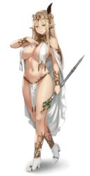 animated armlet bare_shoulders blonde_hair breast_curtains breasts cape cleavage closed_mouth elf female full_body green_eyes halterneck hand_on_own_chest high_heels highres holding houtengeki houtengeki's_elf_girl large_breasts lily_(houtengeki) loincloth long_hair looking_at_viewer midriff navel original pelvic_curtain pointy_ears revealing_clothes scepter simple_background solo standing standing_on_one_leg tagme wand white_background white_cape white_footwear