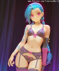(league 2025 ai_assisted ai_generated arcane at bangs bare belt black blonde_hair blue blush bow bra braid braids breasts choker closed collarbone colored cowboy elbow english eyes female fingerless fishnet fishnets garter gloves hair high_quality high_res high_resolution highres jinx jinx_(arcane) jinx_(league_of_legends) league_of_legends legends) lingerie long looking mouth nail navel of only panties patreon pink polish purple sensitive shot shoulders skin small solo stable_diffusion tattoo text thighhighs timelessworld twin twintails underwear viewer watermark