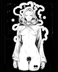 areola_slip arms_at_sides artist_logo artist_name ass_visible_through_thighs black_background blush bottomless breasts breasts_apart chest_tattoo choker cloak closed_eyes closed_mouth cropped_legs disembodied_eye earrings facing_viewer female female_pubic_hair fingernails forehead forehead_jewel godiva_ghoul greyscale groin hatching_(texture) highres hood hood_up jewelry lips logo long_sleeves medium_breasts medium_hair mismatched_pubic_hair mole monochrome multiple_moles navel nose original pubic_hair pussy sharp_fingernails short_eyebrows simple_background solo standing straight-on tattoo tendril thigh_gap uncensored