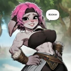 1female ai_generated anthro armor asura asura_(guild_wars) athletic_female big_breasts big_nipples big_pupils blush breasts_bigger_than_head covered_nipples exposed_navel female gear guild_wars guild_wars_2 guildwars2 hi_res highres messy_hair midriff nose_blush novelai oerba_yun_fang smile soft_abs soft_muscle solo solo_female speech_bubble text thick_eyelashes thick_outlines tomboy youreyesonly