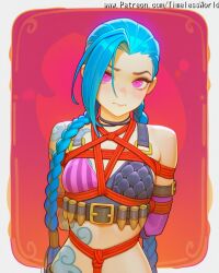 (league 2025 ai_assisted ai_generated arcane arms at back bangs bare behind belt blonde_hair blush body bondage bondage bondage bound braid braids breasts closed colored eyes female hair high_quality high_res high_resolution highres jinx jinx_(arcane) jinx_(league_of_legends) league_of_legends legends) long looking mouth of patreon pink questionable restrained rope shoulders skin solo stable_diffusion tattoo timelessworld twin upper viewer watermark