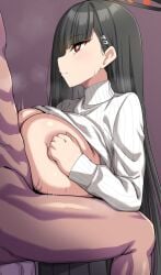 1boy 1girls black_hair black_skirt blue_archive blunt_bangs blush breast_squeeze breasts breasts_out clothed_female_nude_male engulfing_paizuri garukichi hair_ornament halo head_out_of_frame hi_res huge_breasts motion_lines no_bra paizuri pleated_skirt red_eyes rio_(blue_archive) shirt_lift sitting steam straight sweat sweater sweater_lift very_long_hair white_sweater