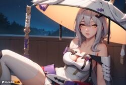 1girls ai_generated armor artist_name bare_shoulders breasts cleavage collarbone covered_navel goddess_of_victory:_nikke grey_hair hair_between_eyes hair_ornament hat hi_res japanese_armor jingasa large_breasts large_hat leotard long_hair looking_at_viewer night outdoors parted_lips rule34lab scarlet_(nikke) sitting smile solo sword thighhighs weapon white_leotard white_thighhighs yellow_eyes