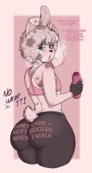 1boy anthro ass_focus big_ass big_butt black_bottomwear blue_eyes bubble_butt bubble_butt_(male) deruwu96 dialogue don't_care_+_(meme) embarrassed femboy furry_only gym_clothes gym_uniform jamie_(bunny) large_ass looking_at_viewer oc pink_background solo suggestive_print_clothing sweat sweatdrop sweatpants text_on_bottomwear text_on_clothing thick_ass thick_thighs white_fur wide_hips yoga_pants