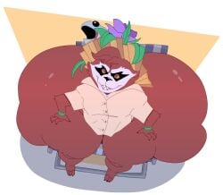 1boy 3_toes 4_fingers anthro ass_bigger_than_body ass_built_separately brown_fur dutch_angle furry gay gluteal_fold guardians_of_the_galaxy hair_tuft hands_on_thighs high-angle_view hoovedleader hyper_ass looking_up male male_only marvel marvel_rivals procyonid raccoon rocket_raccoon rocket_raccoon_(marvel_rivals) sharp_teeth shirt shortstack sitting sitting_on_chair solo wide_ass wide_hips yellow_eyes yellow_sclera
