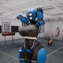 ada_(fallout) arms_up assaultron blender blender_(software) blender_cycles bottomless calvin_klein erection fallout fallout_4 futa_only futanari glowing_eyes gym gym_uniform hands_behind_head large_penis presenting_breasts robot robot_girl robot_humanoid sports_bra sweat sweating sweating_profusely