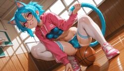 1futa ai_generated animal_ear_fluff animal_ears animal_tail bangs basketball basketball_(object) basketball_hoop black-framed_eyewear blue_hair blush breasts bulge buruma cat_ears cat_girl cat_tail clothing crop_top drawstring dutch_angle eyewear female_only footwear futanari glasses grin gym hood hood_down hoodie indoors jacket jaja_ai legwear long_sleeves looking_at_viewer midriff navel nipple_bulge original pink_eyes pink_footwear ponytail round_eyewear shoes short_hair short_shorts shorts shrug_(clothing) sitting small_breasts smile sneakers socks solo sports_bra sportswear squatting stomach sweat tail teeth thighhighs thighs track_jacket trap underwear white_legwear white_thighhighs window wooden_floor