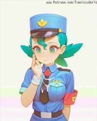 2025 ai_assisted ai_generated arm back background behind belt black blue blush body breasts closed clothes colored cum explicit eyelashes eyes facial female green hair hand hat high_quality high_res high_resolution highres medium mouth necktie nintendo officer_jenny_(pokemon) on patreon pokemon pokemon_(anime) shirt short simple skin sleeves solo stable_diffusion timelessworld twintails uniform up upper watermark