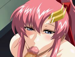 bare_shoulders blue_eyes censored close-up fellatio female gundam gundam_seed gundam_seed_destiny hair_ornament kh-fullhouse lacus_clyne mosaic_censoring nude oral pink_hair ponytail solo_focus