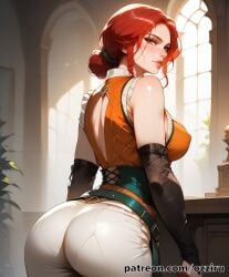 absurd_res ai_generated ass ass_focus cleavage cute female female_focus green_eyes hair_bun hi_res highres ozziru patreon red_hair self_upload sexy short_hair the_witcher_(series) the_witcher_3:_wild_hunt triss_merigold uncensored