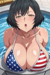 1female 1girls ai_generated american_flag_bikini big_breasts bikini black_hair blush blushing_at_viewer blushing_female breasts fake_art high_resolution jujutsu_kaisen large_breasts looking_at_viewer mai_zenin open_mouth pool poolside short_hair tagme yellow_eyes zenin_mai