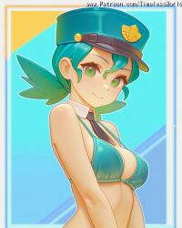 2025 ai_assisted ai_generated at background between bikini black blue blush body breasts cleavage closed collar colored detached eyes female green hair hat high_quality high_res high_resolution highres looking low medium mouth necktie nintendo officer_jenny_(pokemon) patreon pokemon pokemon_(anime) sensitive short skin smile solo stable_diffusion swimsuit timelessworld twintails upper viewer watermark yellow