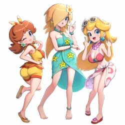3girls absurdres alternate_costume anklet ass barefoot bead_anklet beads bikini blonde_hair blue_dress blue_eyes bow bracelet breasts brown_hair cleavage commentary_request crescent_print dress earrings eyewear_on_head feet female female_focus flip-flops flower flower_earrings flower_necklace frilled_one-piece_swimsuit frills full_body gonzarez hair_flower hair_ornament hair_over_one_eye hairbow halter_dress halterneck height_difference hibiscus highres jewelry large_breasts lei long_hair looking_at_viewer mario_(series) mario_kart mario_kart_tour medium_dress medium_hair multiple_girls necklace nintendo official_alternate_costume one-piece_swimsuit one_eye_closed open_mouth orange_bow orange_one-piece_swimsuit orange_sandals pink_bikini pink_sandals princess_daisy princess_daisy_(swimwear)_(mario_kart_tour) princess_peach princess_peach_(swimwear) princess_rosalina princess_rosalina_(swimwear) print_dress print_sarong sandals sarong simple_background sphere_earrings star_(symbol) star_earrings star_print striped_bow sunglasses super_mario_odyssey swimsuit tall_female two-tone_bow two-tone_one-piece_swimsuit white-framed_eyewear white_background white_flower white_sarong yellow_bow yellow_one-piece_swimsuit