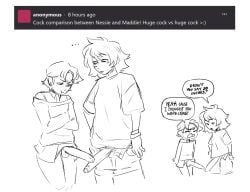 2d 2futas ask_blog baggy_clothing big_penis blush bracelet brat casual casual_boner casual_nudity catgrrrlriot clothed_futa dialogue ear_piercing english_dialogue english_text erection flustered futa_only futanari huge_cock hung hung_futa intersex large_penis looking_at_penis maddie_(catgrrrlriot) nessie_(catgrrrlriot) original original_character penis penis_envy penis_out penis_size_comparison short_hair shoulder_length_hair speech_bubble text trans_woman transfem uncensored