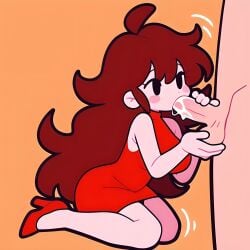 1boy 5_fingers ai_generated auburn_hair bangs black_eyes blowjob blush cum cum_in_mouth demon_girl female female friday_night_funkin girlfriend_(friday_night_funkin) heels kneeling long_hair messy_hair minidress oral pixai red_dress red_heels short shortstack simple_background sleeveless_dress straight