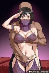 ai_generated bed bedroom big_breasts black_hair breasts brown_eyes corrupted corruption dancer dancer_outfit dark-skinned_male dark_skin emotionless empty_eyes enslaved faceless_male female final_fantasy final_fantasy_vii final_fantasy_vii_remake fingering fingering_partner fingering_pussy from_behind grabbing grabbing_from_behind harem_outfit hypnosis hypnotic_eyes looking_at_viewer male mouth_veil navel no_pupils omega_weirdo pussy salute short_hair size_difference slave slavegirl yuffie_kisaragi