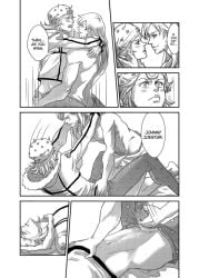 1boy 2boys blush comic couple english_text female greyscale hood hood_up hug kissing lifting_person monochrome straight yaoi