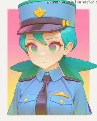 (symbol) 2025 ai_assisted ai_generated background bangs black blonde_hair blue blush body border breast breasts cap closed collared colored eyes female general gradient green hair hat high_quality high_res high_resolution highres long low medium military mouth multicolored necktie nintendo officer_jenny_(pokemon) patreon peaked pocket pokemon pokemon_(anime) police policewoman sensitive shirt short skin sleeves solo stable_diffusion star timelessworld twintails uniform upper watermark white