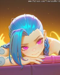 (league 2025 ai_assisted ai_generated arcane arm at background bangs bare blonde_hair blue blush braid closed colored english eyes female general gradient hair high_quality high_res high_resolution highres jinx jinx_(arcane) jinx_(league_of_legends) league_of_legends legends) long looking mouth nail nails of patreon pink polish purple sensitive shiny shoulder shoulders skin solo stable_diffusion tattoo text timelessworld viewer watermark