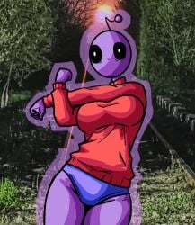 1girls antennae bald bald_female black_eyes blue_panties breasts chetoh female female_focus female_only no_pants oc original original_character panties photo_background purple_body red_sweater sweater white_pupils