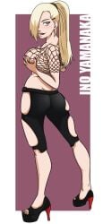 ass blonde_hair blue_eyes breast_lift breasts earrings female fishnets full_body hair_over_one_eye high_heels ino_yamanaka jewelry large_breasts lips long_hair looking_at_viewer naruto ponytail self_fondle smile solo standing stiletto_heels torn_clothes