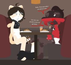 ahoge animal_ears anthro black_clothing black_hair black_shirt black_topwear blue_eyes bodily_fluids bottomless bottomwear bottomwear_down cat_tail christine_fury christine_fury_(character) clothed clothing clothing_pull comic cropped_jacket denny's dialogue drooling duo dylan_mitchell_(christine_fury_) english_text feet felid feline female flat_colors food foot_fetish foot_play footjob furniture genitals hair hi_res long_hair male male/female mammal masturbating_during_footjob no_lineart open_mouth pancake pants pants_down partially_clothed plate pointy_ears ponytail profanity restaurant restaurant_seats saliva sex shirt short_hair simple_background sitting sleeveless_jacket sleeveless_shirt speech_bubble syrup_on_cock table tail text topwear truesona_(christine_fury_)