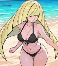 ai_generated beach bikini black_bikini blonde_hair breasts cleavage green_hair hair_over_one_eye long_hair lusamine_(pokemon) mature mature_female pokemon pokemon_sm swimsuit thick_thighs thighs ylvanne