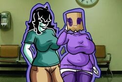 2girls :3 bald bald_female big_breasts black_eyes black_hair breasts brown_pants chetoh chubby chubby_female claire_(chetoh) egg eyes_covered female female_focus green_shirt hair height_difference oc original original_character original_characters pants paper_bag paper_bag_on_head photo_background purple_stockings purple_sweater rose_(chetoh) smile smiling stockings swapped_clothes sweater white_body