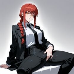 ai_generated arm_support black_jacket black_necktie black_neckwear black_pants braid braided_ponytail breasts chainsaw_man clothing collared_shirt feet_out_of_frame female formal gradient_background grey_background grin high-waist_pants jacket large_breasts long_hair long_sleeves looking_at_viewer lunaart makima_(chainsaw_man) medium_breasts necktie open_clothes open_jacket orange_eyes pants parted_lips red_hair ringed_eyes shirt shirt_tucked_in sidelocks simple_background single_braid sitting smile solo spread_legs suit through_clothes white_shirt yellow_eyes