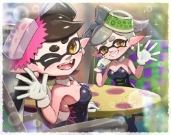 2girls alternate_breast_size bare_arms bare_shoulders black_dress black_hair black_jumpsuit bow-shaped_hair breasts callie_(splatoon) cleavage collarbone commentary_request cousins detached_collar dress earrings fangs gloves gonzarez gradient_hair grey_hair half_updo highres hoop_earrings inkling jewelry jumpsuit large_breasts looking_at_viewer looking_back marie_(splatoon) mole mole_under_eye multicolored_hair multiple_girls nintendo one_eye_closed pointy_ears short_dress short_jumpsuit splatoon splatoon_(series) squid_sisters twitter_link