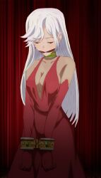 arms_behind_back bare_shoulders bondage bondage bound bound_wrists breasts chains cleavage closed_eyes cuffs dress elbow_gloves female gag gagged handcuffs long_hair medium_breasts pointy_ears red_dress shackles solo white_hair