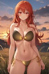 1girl ai-created ai_generated bandeau bangs bare_arms bare_shoulders beach bikini bikini_bottom blue_sky blush breasts cameltoe clavicle cleavage closed_mouth clothing cloud cloudy_sky day female female_only gluteal_fold grass groin hair_between_eyes halterneck high_resolution horizon large_breasts long_hair looking_at_viewer medium_breasts metallic_bikini navel o-ring o-ring_bikini o-ring_top ocean original original_character outdoors pixiv portrait red_eyes red_hair rena_aikawa_(pixiv_user) side-tie_bikini side-tie_bikini_bottom side-tie_clothing side-tie_swimsuit sky smile solo standing stomach strapless strapless_bikini strapless_swimsuit string_bikini sunset swimsuit tensor_art thigh_gap thighs tree water