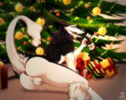 alcohol anthro anus ass balls beverage christmas claws gaius_devore gift holidays looking_at_viewer lying male mammal nude on_side open_mouth ornaments paws presenting raised_tail sergal solo teeth tongue tongue_out tree