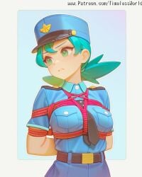 2025 ai_assisted ai_generated arms away back background bangs behind belt black blonde_hair blue blush body bondage bondage bondage bound breasts buckle clothes colored english eyes female green hair hat high_quality high_res high_resolution highres lips looking medium military necktie nintendo officer_jenny_(pokemon) over parted patreon pokemon pokemon_(anime) police questionable restrained rope sensitive shirt short side simple skin sleeves solo stable_diffusion teeth text the timelessworld to twintails uniform upper watermark
