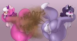 2025 anthro ass blush butt_focus canid canine digital_media_(artwork) duo fart fart_cloud fart_fetish farting female female/female fox fur gassy gassy_female harmony_amaranth hi_res hydrareality mammal melody_amaranth nude pink_body pink_fur pose presenting presenting_hindquarters simple_background super_lesbian_animal_rpg tail trans_woman transfem