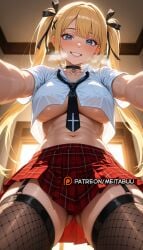 ai_generated ass_visible_through_thighs backlighting black_choker black_necktie black_ribbon black_thighhighs blonde_hair blue_eyes blush breasts breath choker collarbone collared_shirt crop_top crop_top_overhang dead_or_alive dead_or_alive_5 dead_or_alive_5_last_round dead_or_alive_6 female fishnet_thighhighs fishnets from_below garter_straps grin hair_ornament hair_ribbon heavy_breathing indoors large_breasts long_hair looking_at_viewer loose_necktie marie_rose meitabuu midriff miniskirt navel necktie no_bra parted_lips plaid plaid_skirt pleated_skirt red_skirt ribbon school_uniform shirt short_sleeves skirt smile solo stomach sweat teeth thighhighs thighs twintails underboob white_shirt x_hair_ornament